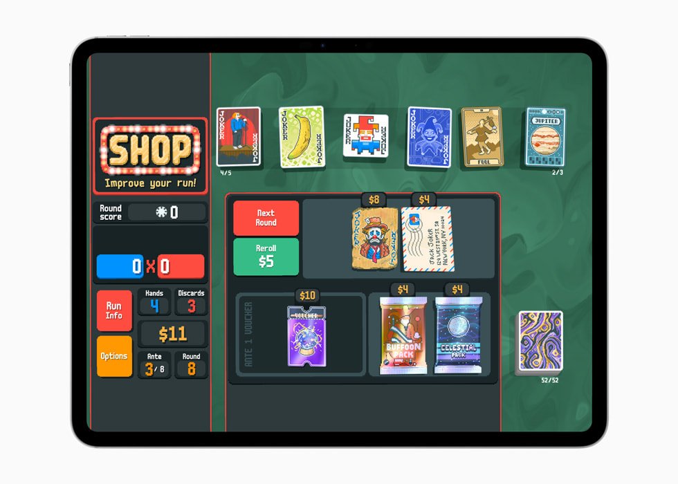 Lối chơi Balatro hiển thị trên iPad. 